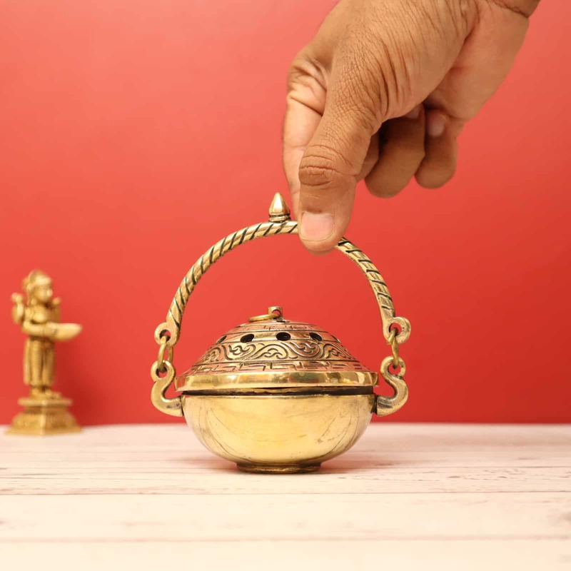 Brass Dhoop Dani with Handle and Lid - Versatile Incense Burner and Looban Lamp