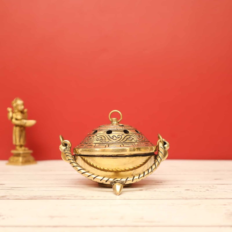 Brass Dhoop Dani with Handle and Lid - Versatile Incense Burner and Looban Lamp