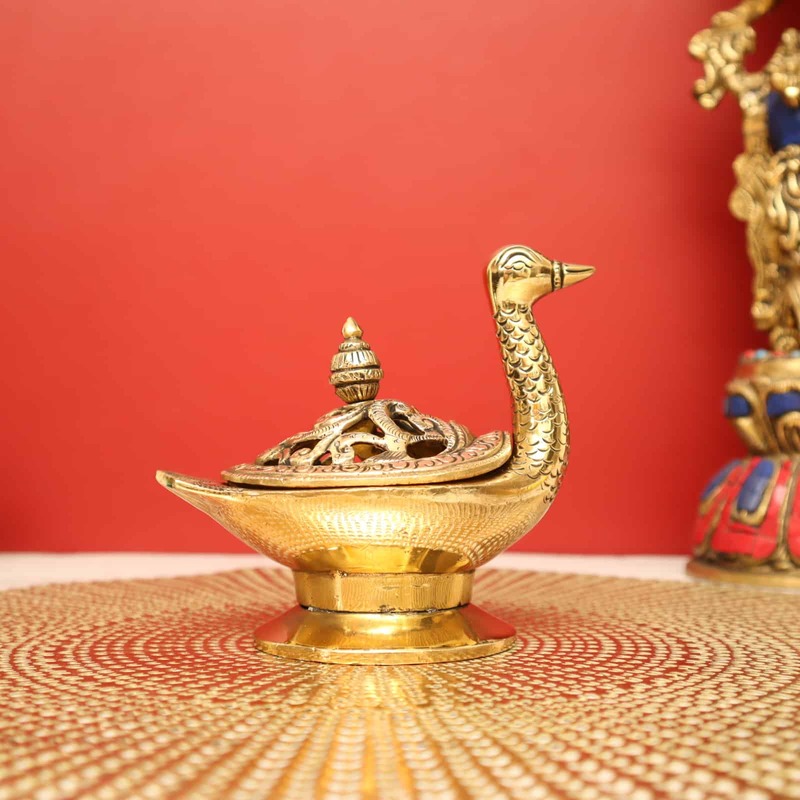 Multi-functional Brass Swan Deepak cum Dhoopdani - Sacred Decor Accent