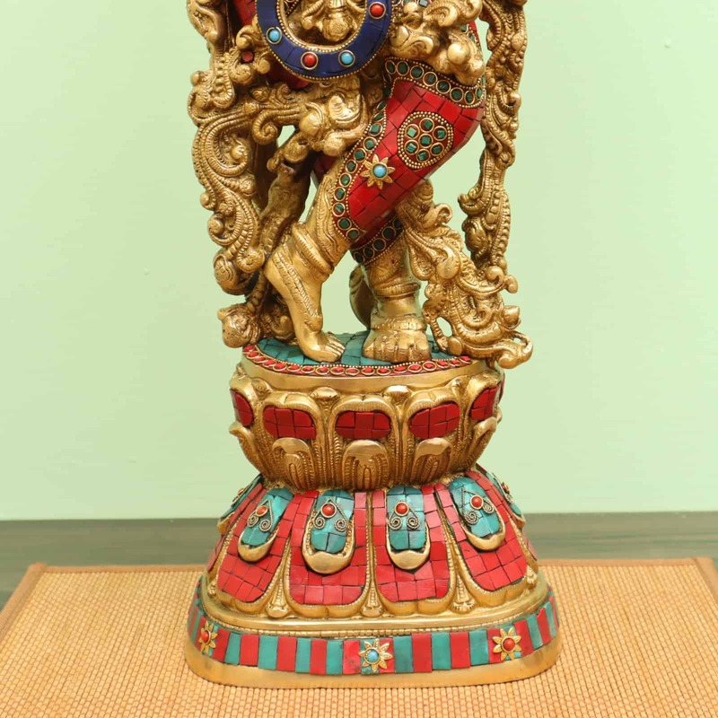 Brass Lord Krishna Playing Flute with Vibrant Stone Work Handcrafted - 30 inch Height