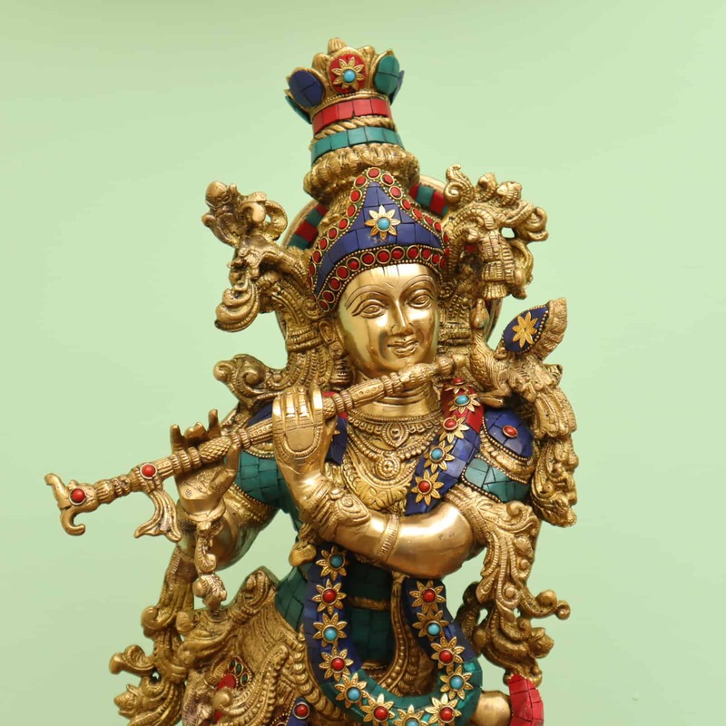 Brass Lord Krishna Playing Flute with Vibrant Stone Work Handcrafted - 30 inch Height