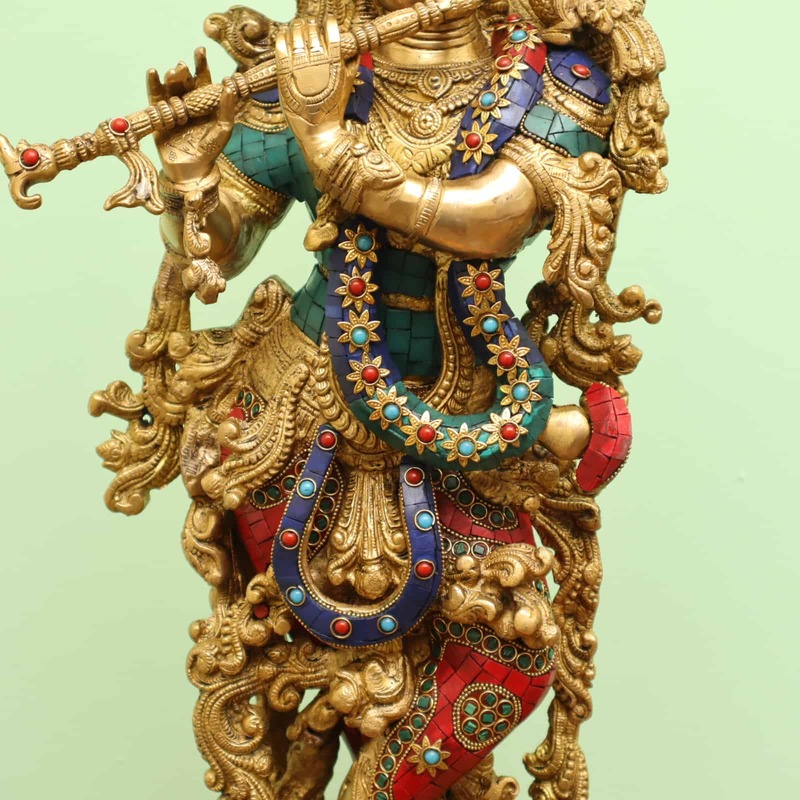Brass Lord Krishna Playing Flute with Vibrant Stone Work Handcrafted - 30 inch Height