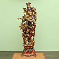 Brass Lord Krishna Playing Flute with Vibrant Stone Work Handcrafted - 30 inch Height
