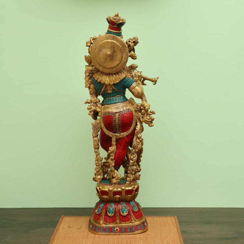 Brass Lord Krishna Playing Flute with Vibrant Stone Work Handcrafted - 30 inch Height