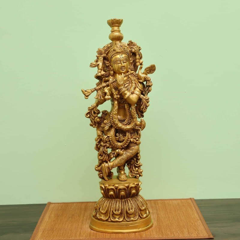 Brass Handmade Lord Krishna Statue Playing Flute - 21 inch Height