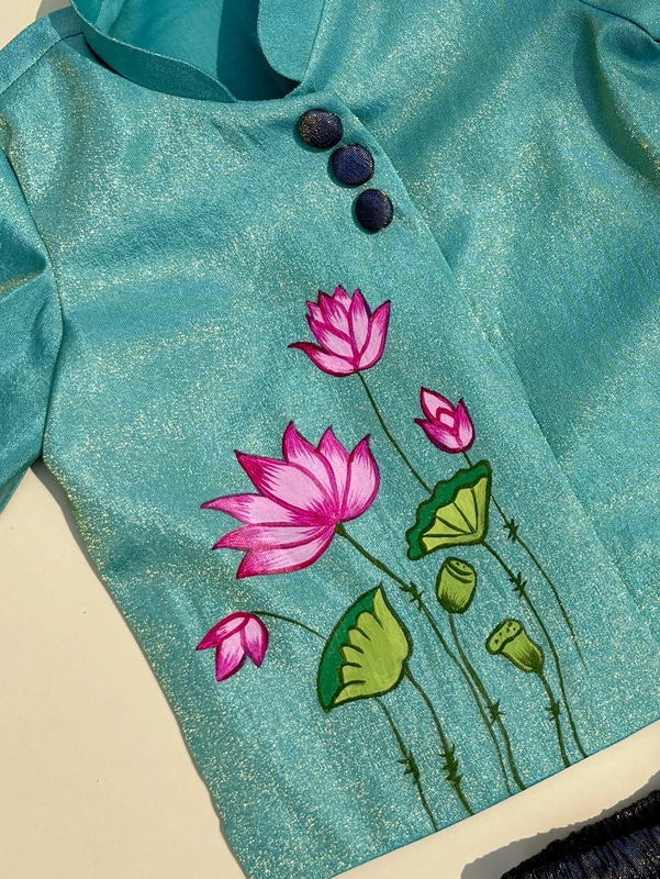 Teal Tide Lotus Handpainted Dhoti Silk Set