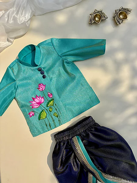 Teal Tide Lotus Handpainted Dhoti Silk Set