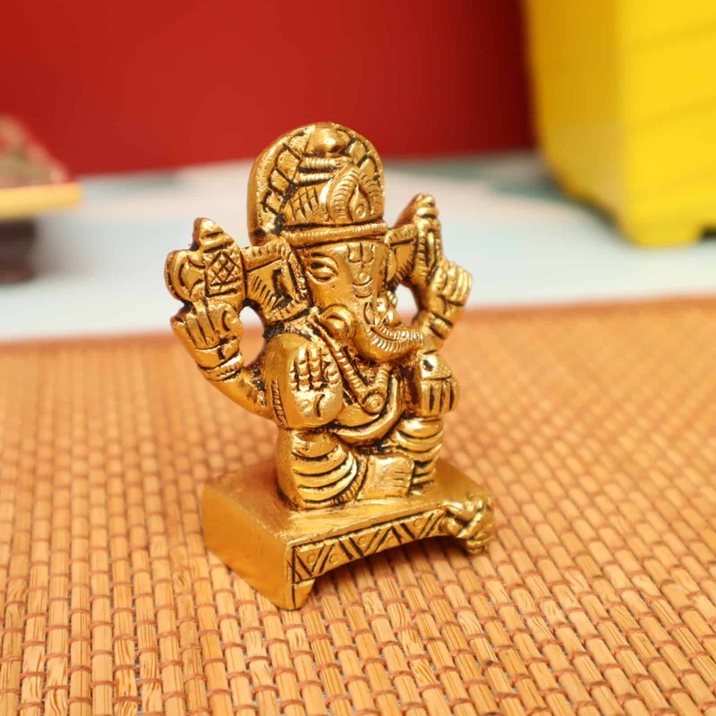 Small Ganesh Idol sitting on Sinhasan in Brass - 2.7 inch Height