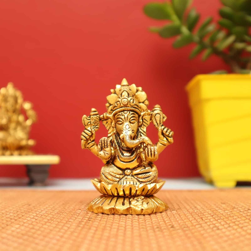 Auspicious Ganesh Idol sitting on Lotus in Brass - 3 inch Height