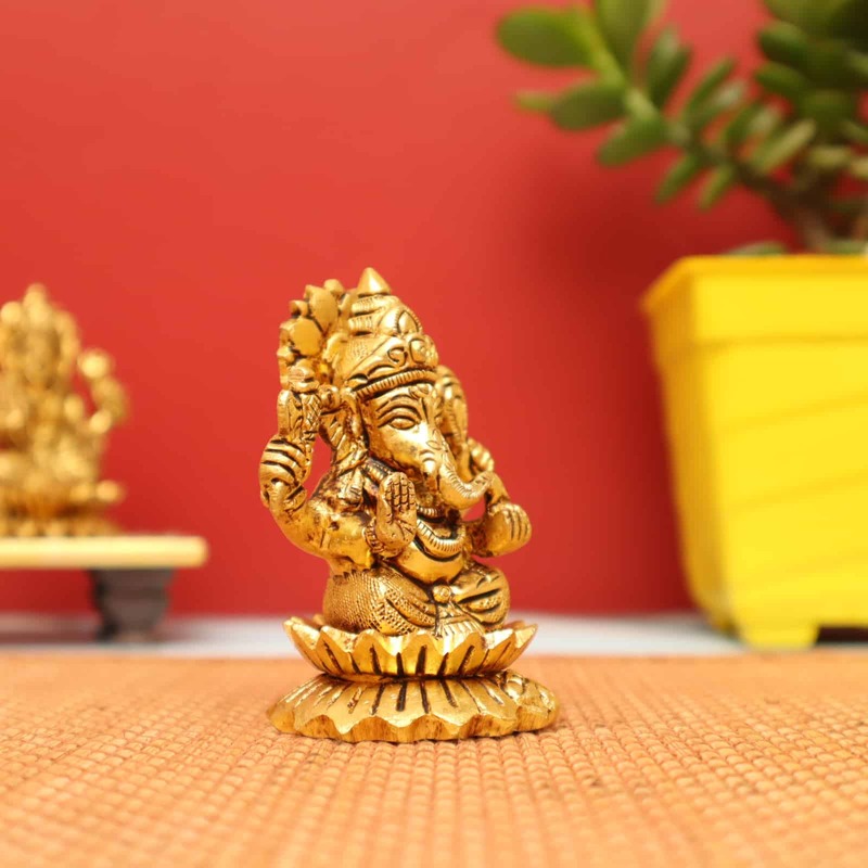 Auspicious Ganesh Idol sitting on Lotus in Brass - 3 inch Height