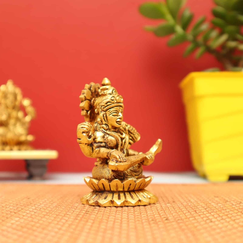Auspicious Saraswati Devi Idol sitting on Lotus in Brass - 3 inch Height