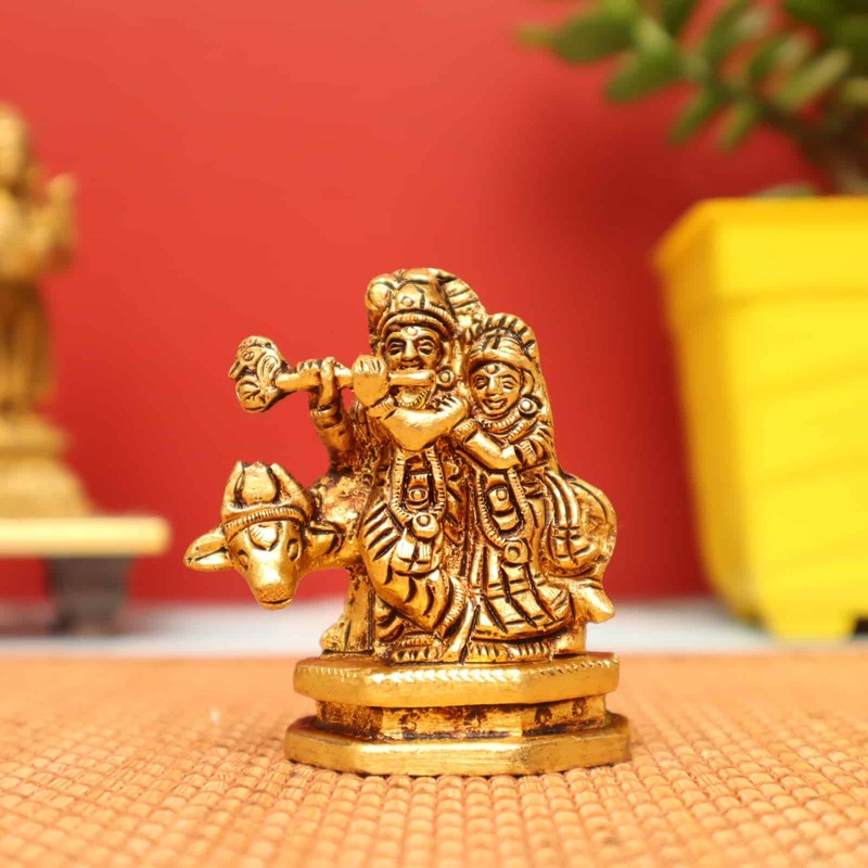 Miniature Masterpiece Radha Krishna with Cow Statue in Brass - 2.7 inch Height