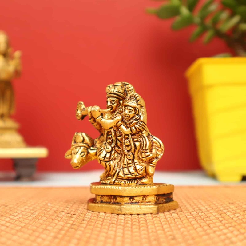 Miniature Masterpiece Radha Krishna with Cow Statue in Brass - 2.7 inch Height