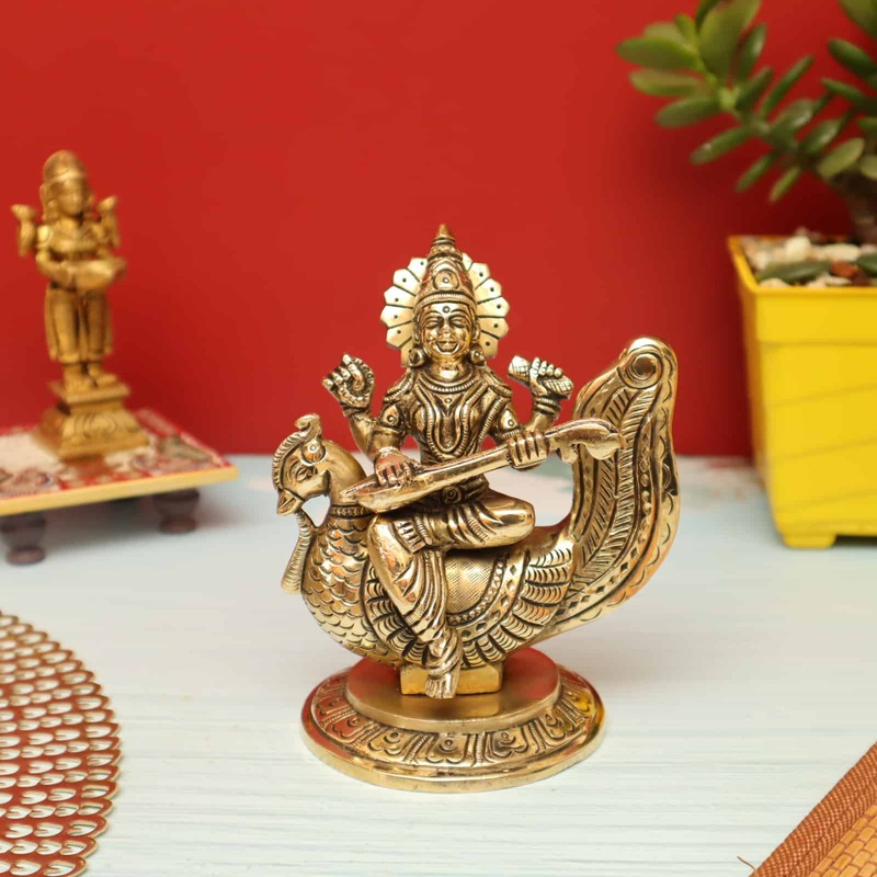 Goddess Saraswati Plays Veena on Her Swan In Brass | Handmade - 5.5 inch Height