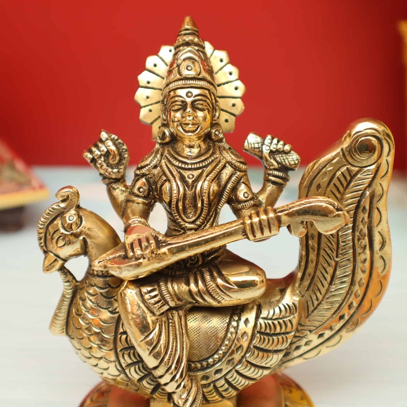 Goddess Saraswati Plays Veena on Her Swan In Brass | Handmade - 5.5 inch Height