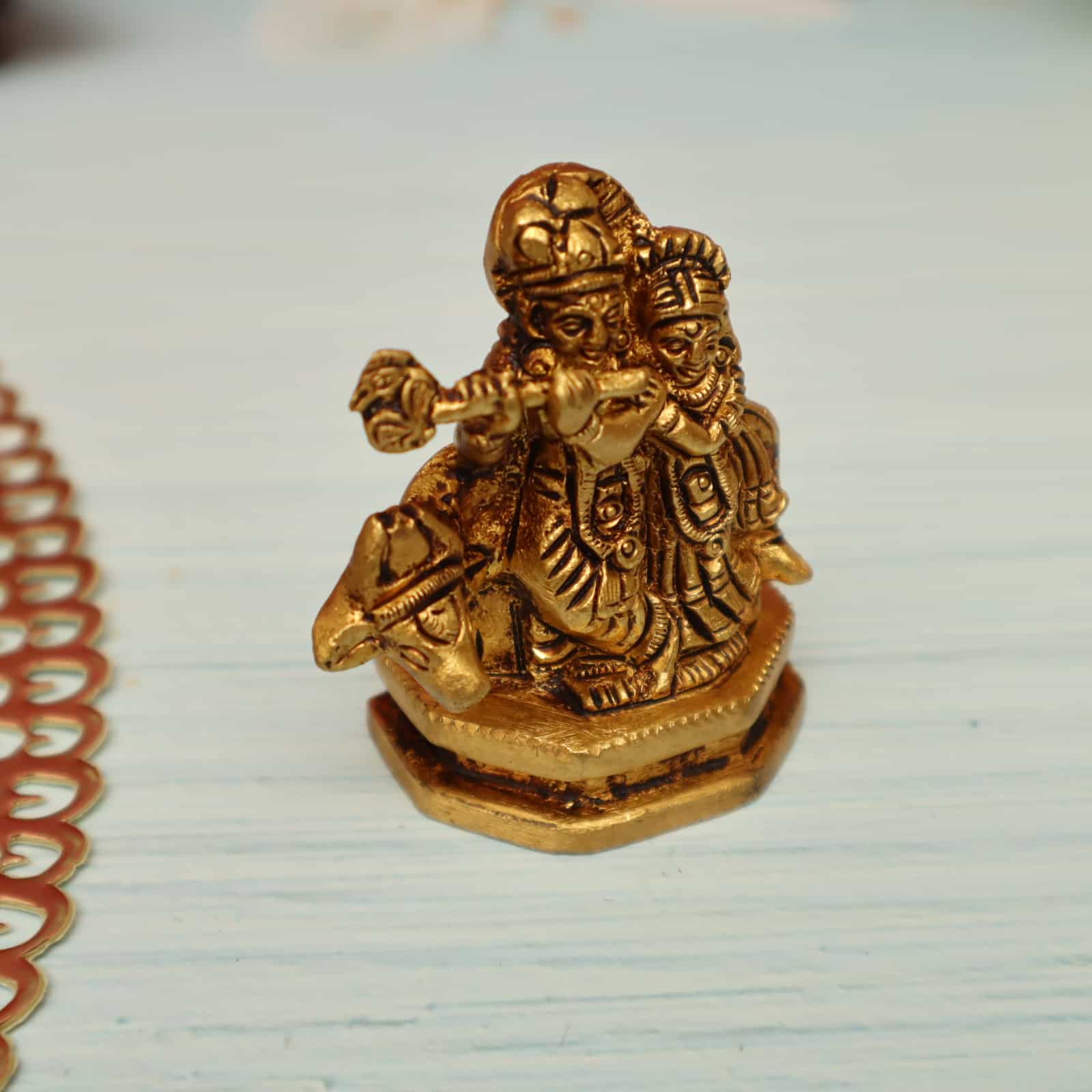 Miniature Masterpiece Radha Krishna with Cow Statue in Brass - 2.7 inch Height