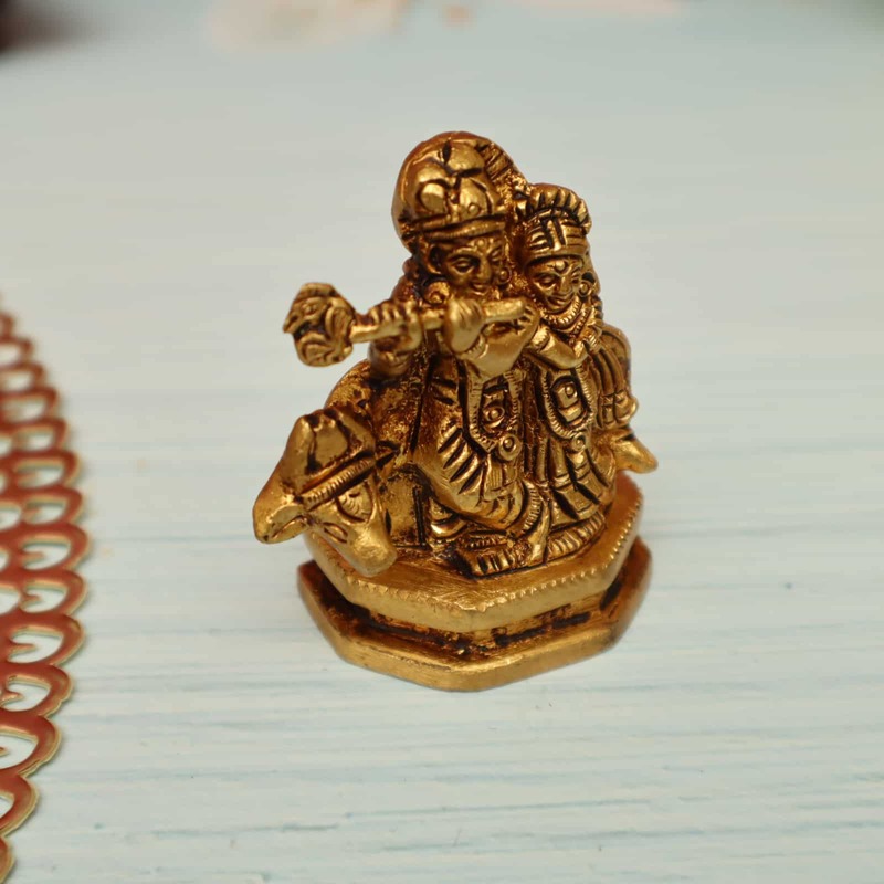 Miniature Masterpiece Radha Krishna with Cow Statue in Brass - 2.7 inch Height