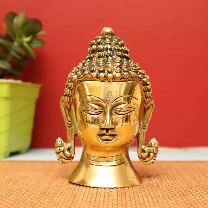 Antique Brass Buddha Head In  with Round Base - 6 inch Height