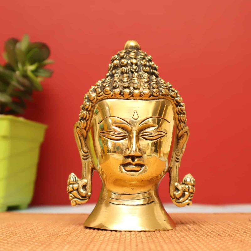 Antique Brass Buddha Head In  with Round Base - 6 inch Height