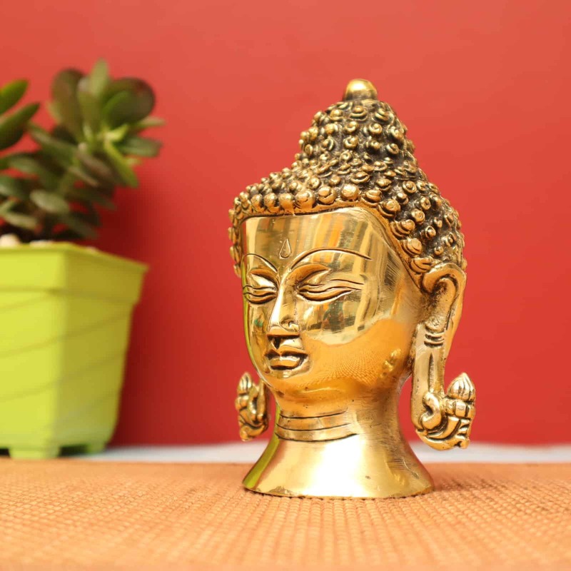 Antique Brass Buddha Head In  with Round Base - 6 inch Height