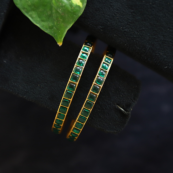 Antique Gold Plated Square green Stone Bangles