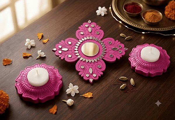 SET OF PINK DIYAS & RANGOLI