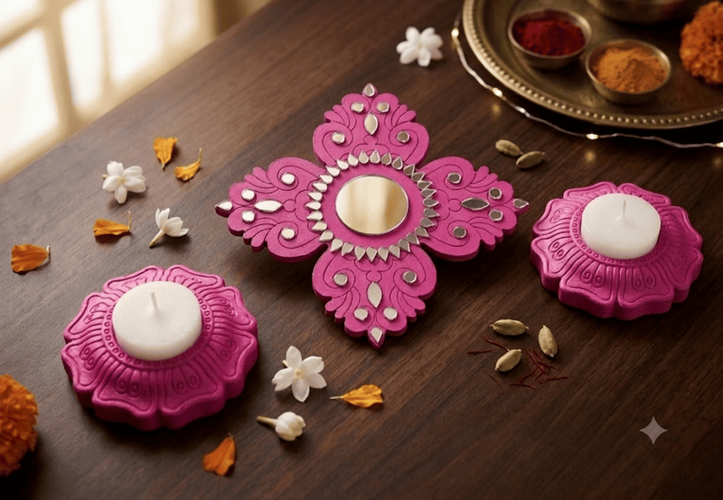 SET OF PINK DIYAS & RANGOLI