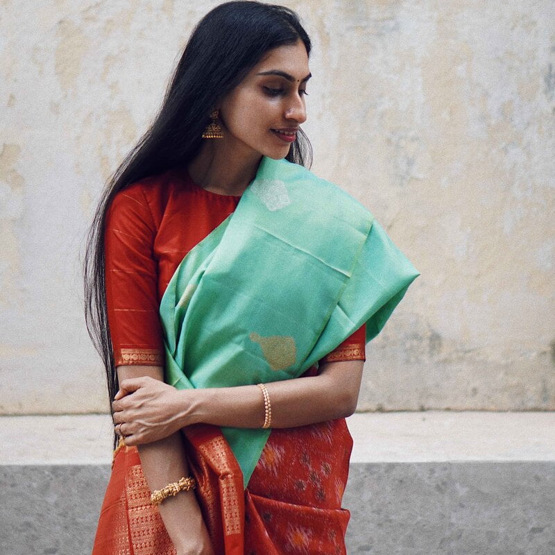 Celery Green Kanchipuram with Scarlet Red