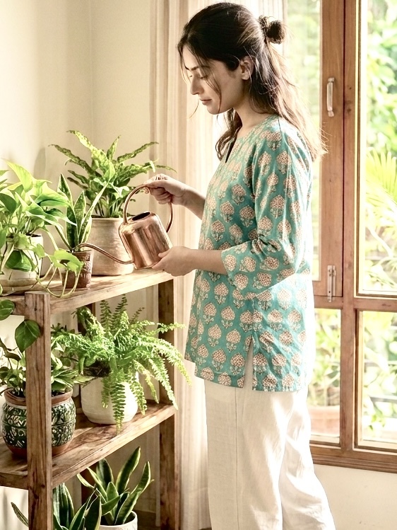 Sea Green Block Printed Short Kurti-Large