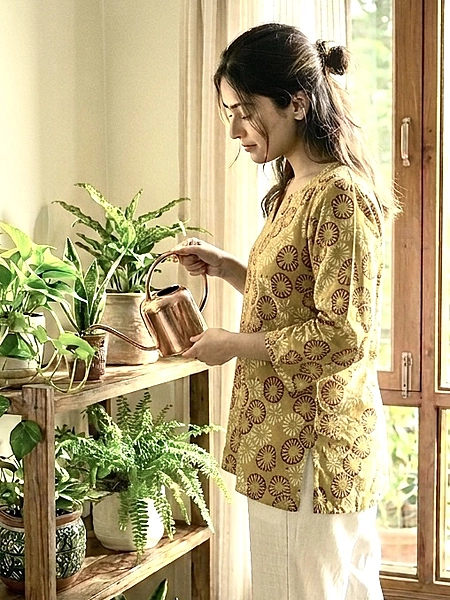 Akola Mustard Block Printed Short Kurti-Medium