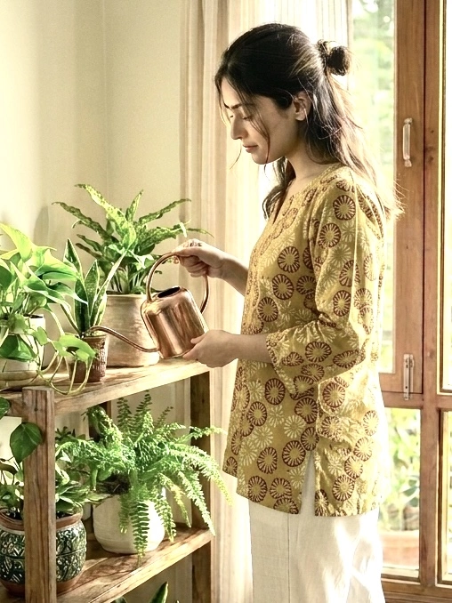 Akola Mustard Block Printed Short Kurti-Medium