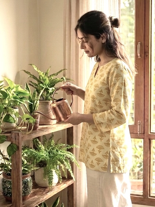 Yellow Dabu Block Printed Short Kurti