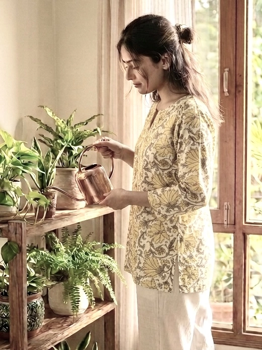 Beige Ajrakh Block Printed Short Kurti