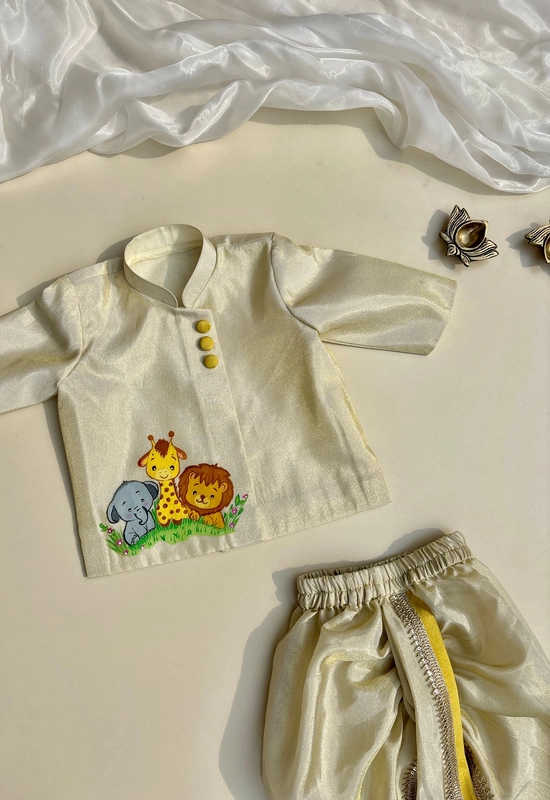Lil' Jungle Safari Handpainted Silk Dhoti Set