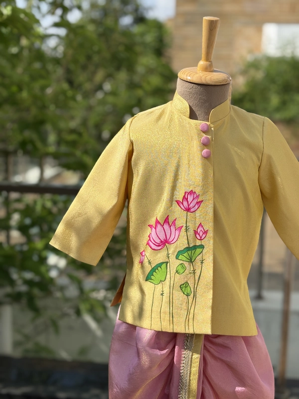 Sunshine Bloom Lotus Handpainted Dhoti Silk Set