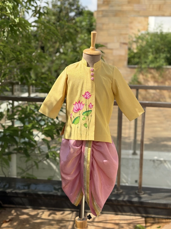 Sunshine Bloom Lotus Handpainted Dhoti Silk Set