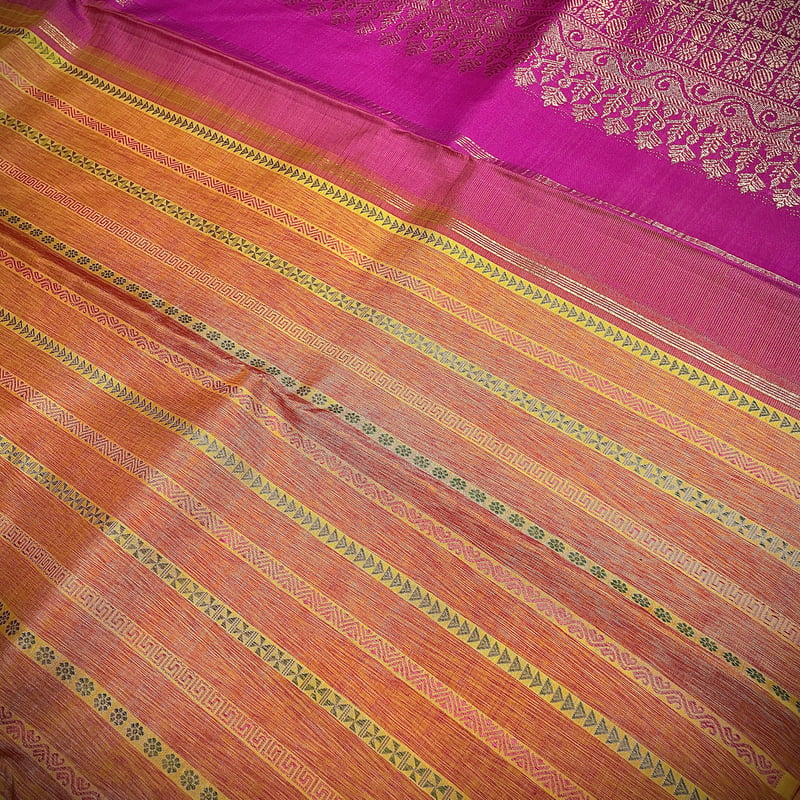 Tango Orange Kanchipuram with Scarlet Pink