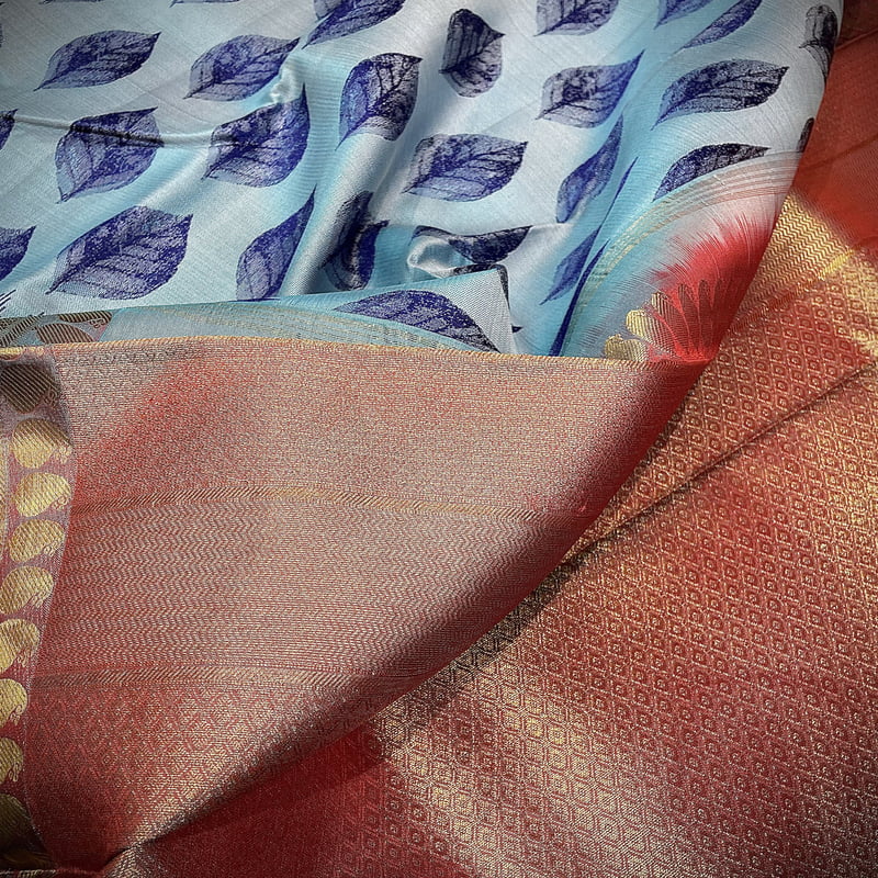 Calming Blue Kanchipuram with Madder Red