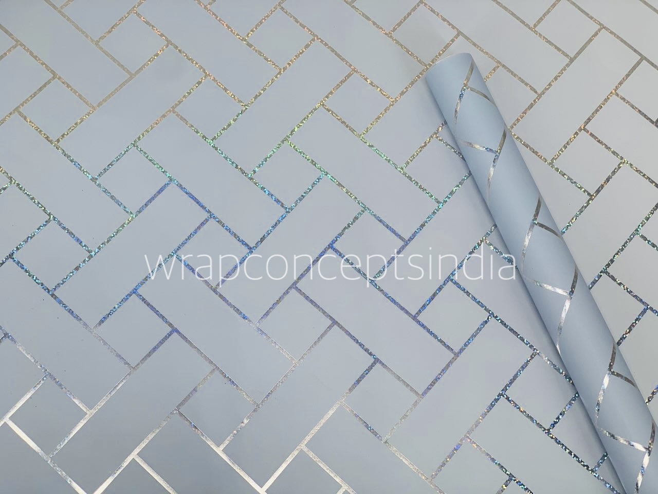 Blue Holographic Foil Herringbone Pattern Gift Wrap
