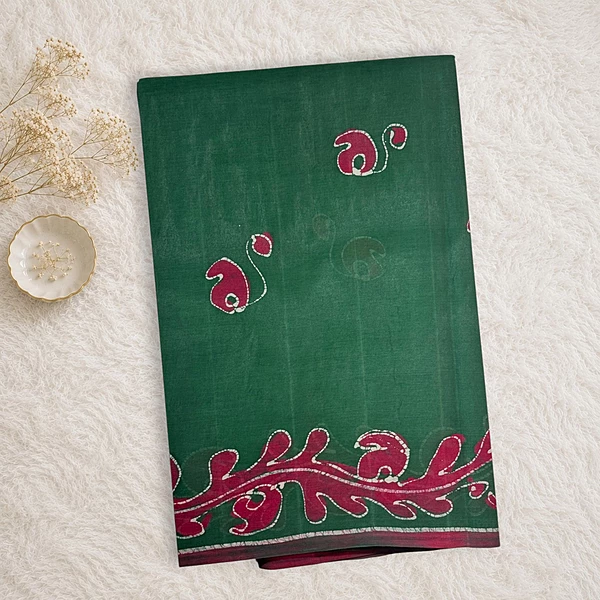 Bathik Printed Cotton Saree - Green/Red