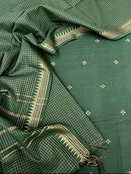 Handloom Cotton Dobby Booty 3 Pc Suit Set (Green)