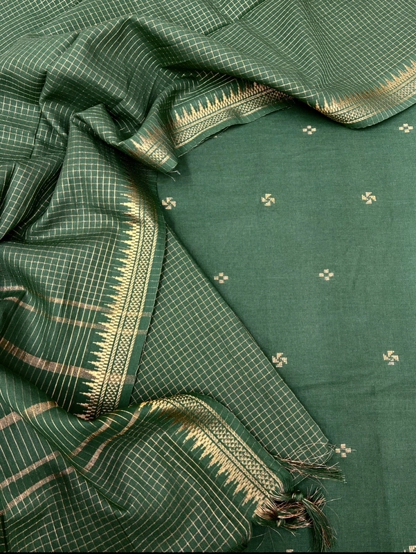 Handloom Cotton Dobby Booty 3 Pc Suit Set (Green)