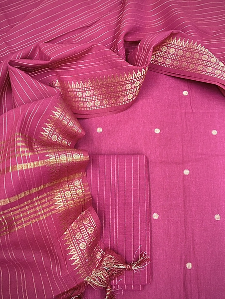 Handloom Cotton Golden Booty 3 Pc Suit Set (Majenta)