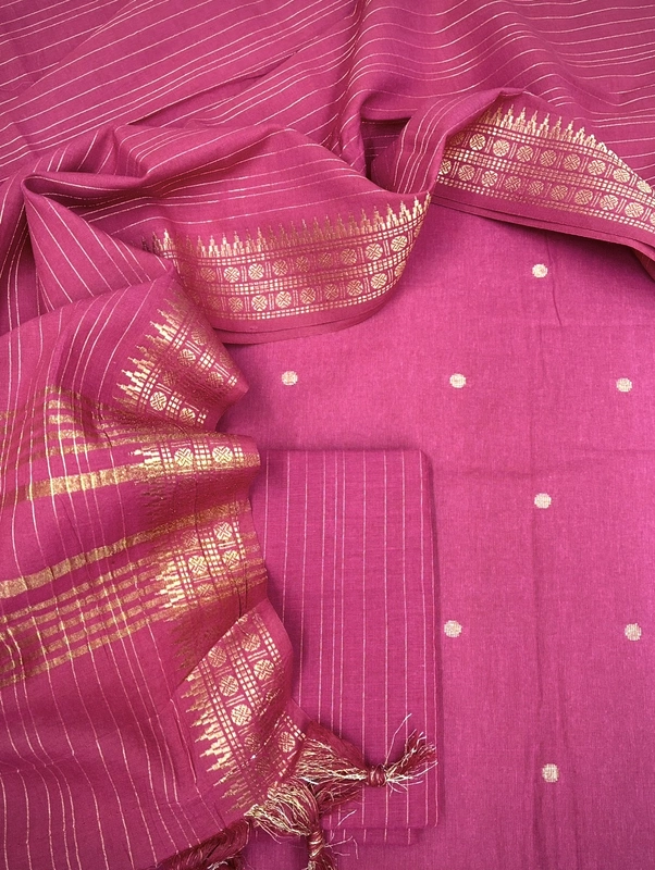 Handloom Cotton Golden Booty 3 Pc Suit Set (Majenta)
