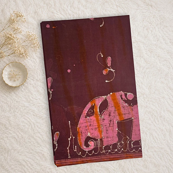 Bathik Printed Cotton Saree - Brown-3