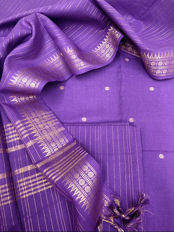 Handloom Cotton Golden Booty 3 Pc Suit Set (Purple)