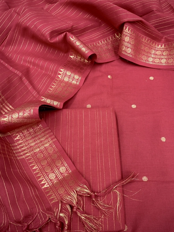 Handloom Cotton Golden Booty 3 Pc Suit Set (Red)