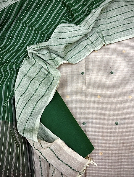 Handloom Cotton Dobby Booty 3 Pc Suit Set (Beige/Green)