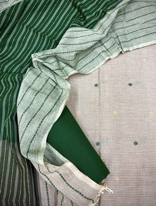 Handloom Cotton Dobby Booty 3 Pc Suit Set (Beige/Green)