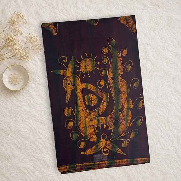 Bathik Printed Cotton Saree - Brown/Yellow